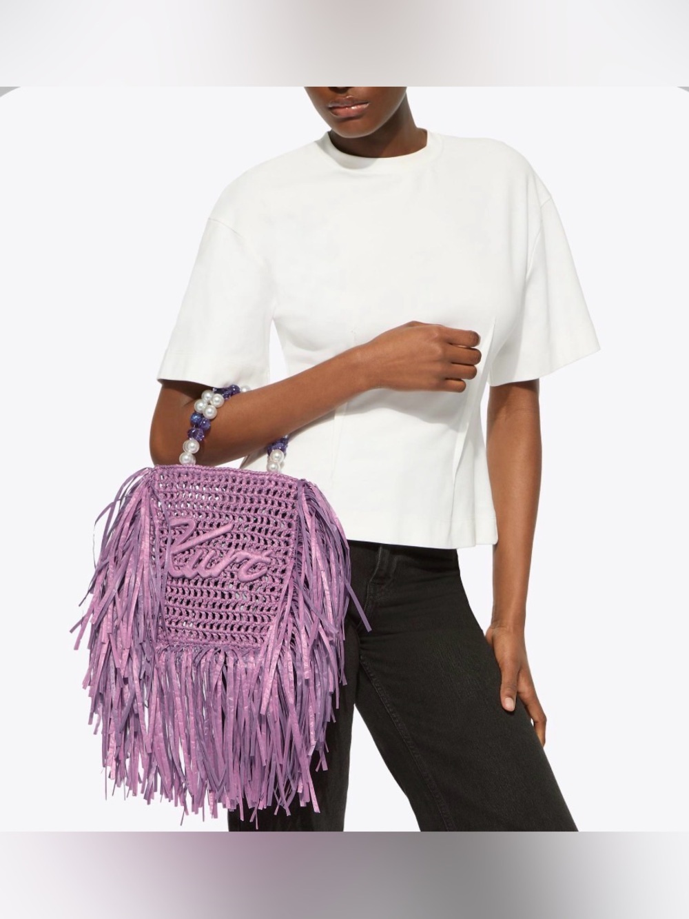 Kurt Geiger Fringe Beaded Lilac Lavender Purple Handle Tote Bag Handbag Purse